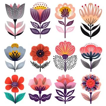 Collection of abstract decorative flower illustrations in modern flat style Stock Illustration