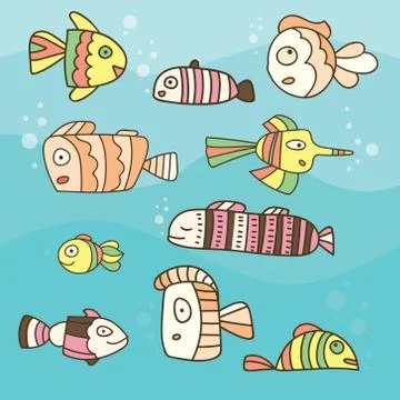 Collection of abstract fish on blue background Stock Illustration