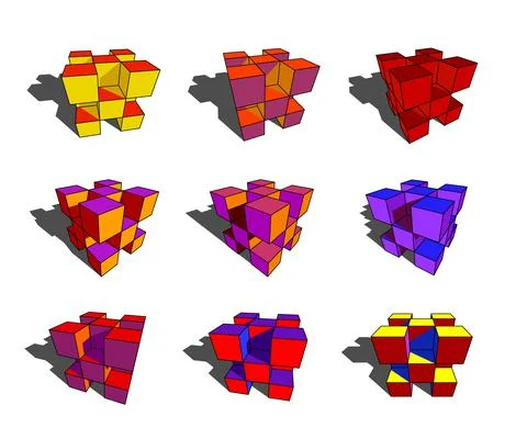 Collection of abstract geometric design elements composed out of cubes Stock Illustration