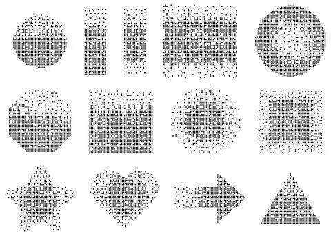 Collection of abstract geometric shapes created from pixel dots with halfto.. 스톡 일러스트