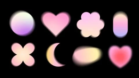 Collection of abstract gradient blurred shapes. Hearts, flower, moon, circle Stock Illustration