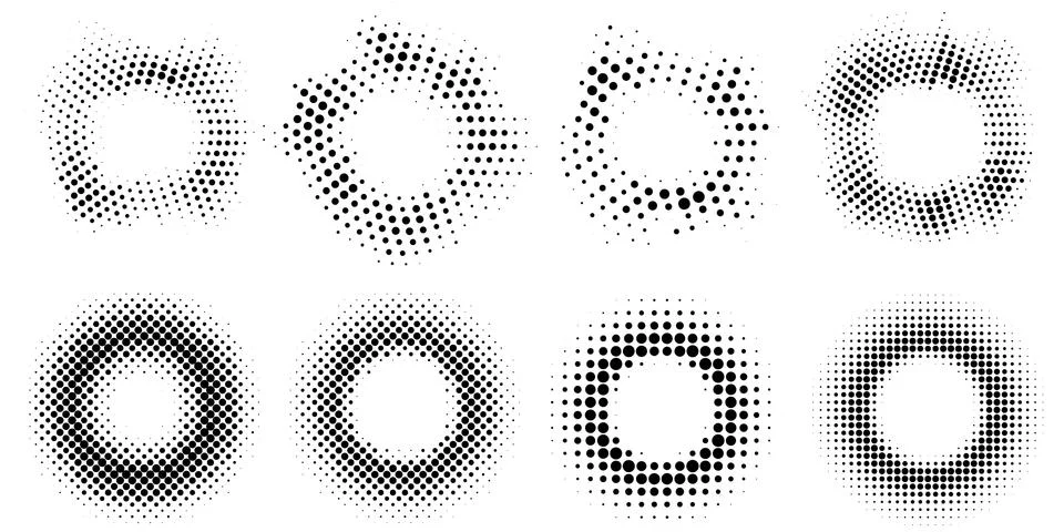 Collection of abstract halftone frames. Round elements for graphic design. Re Illustrazione stock