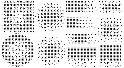 Collection of abstract pixel dot patterns with halftone effect, square grid.. Stock Illustration
