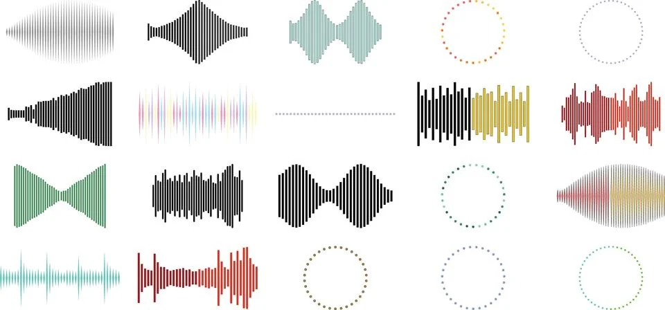 Collection of abstract sound wave patterns and shapes in various styles fea.. Иллюстрация