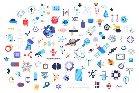 Collection of abstract techno elements, hand drawn big data devices. Modern high Stockillustratie
