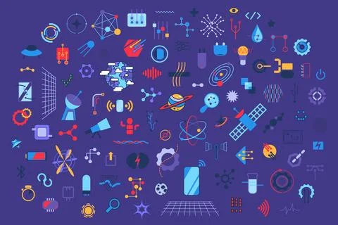 Collection of abstract techno elements, hand drawn big data devices. Modern high Stockillustratie