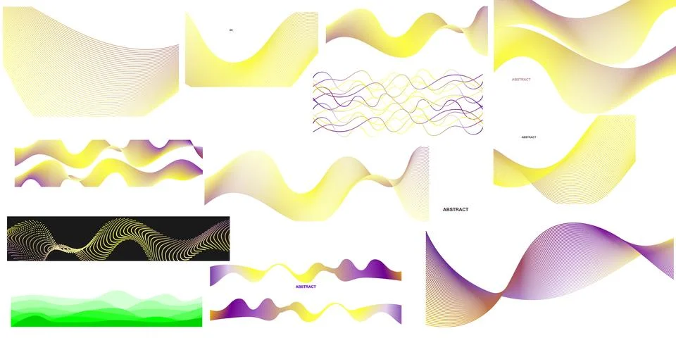 Collection of abstract wavy line patterns and gradients. Flowing purple and.. Stock Illustration