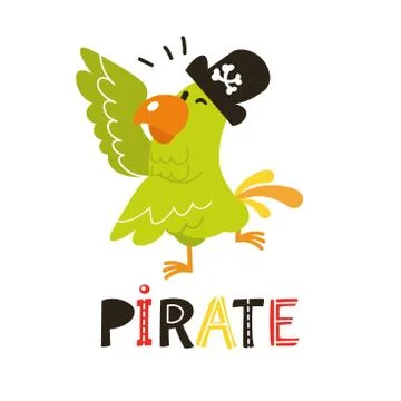 Collection of adorable pirates isolated on white background. Green cute Parrot Stock Illustration