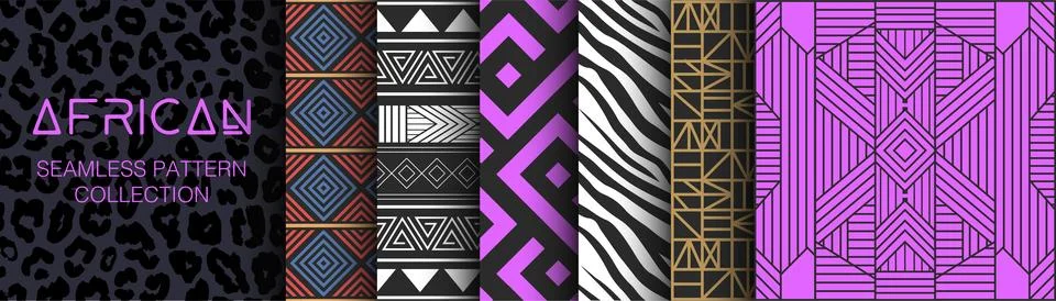Collection of African Seamless Patterns. Geometry, textures and signs. Stock Illustration