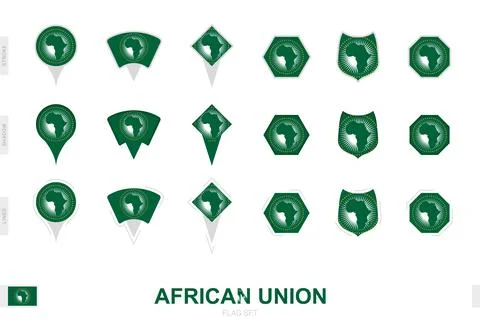 Collection of the African Union flag in different shapes and with three dif.. Stock Illustration
