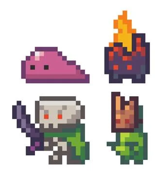 Collection of agressive pixel monsters for pixel game, world of 8bit game Stock Illustration