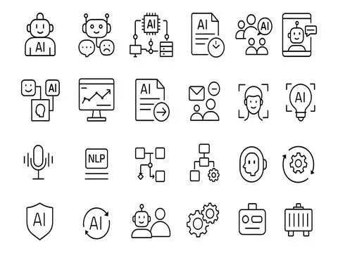 Collection of ai and machine learning icons isolated on white background Stockillustratie