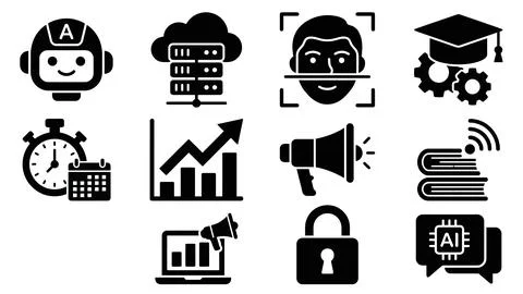 Collection of AI technology icons including robot, cloud server, face scan,.. Illustrazione stock