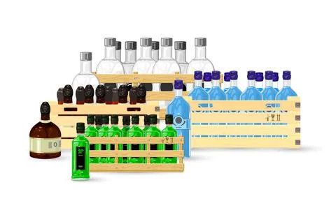 Collection of alcohol drinks sort in boxes Stock Illustration