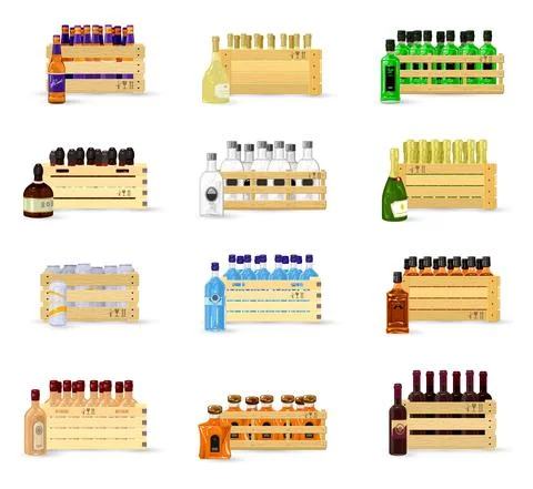 Collection of alcohol drinks sort in boxes Stock Illustration