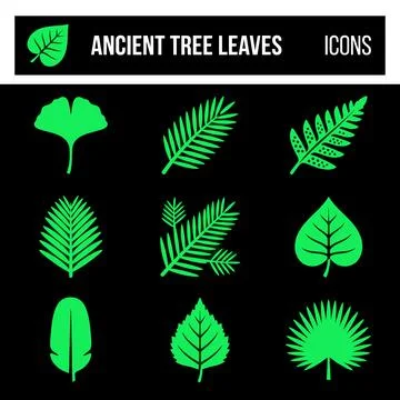 Collection of Ancient Tree Leaf Icons in Green on Black Background. Stock Illustration