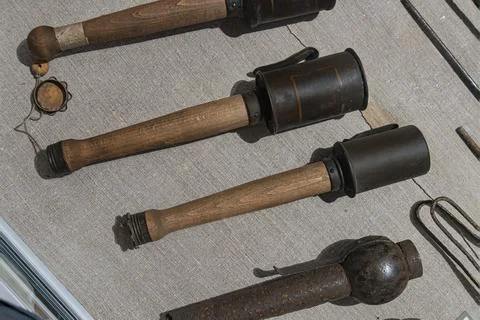 Collection of antique objects, including binoculars brass, leather, compass.. Stock Photos