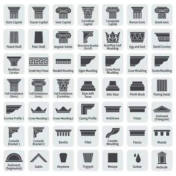 Collection of architectural elements and classical orders icons, including .. Stockillustratie