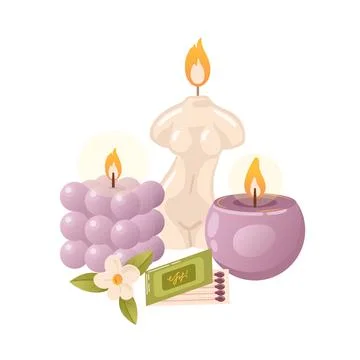 A collection of aromatic soy candles, featuring a curved, bubble, female body Stock Illustration