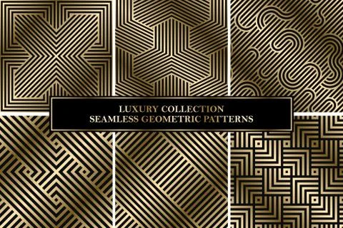 Collection of art deco vector geometric striped patterns - seamless luxury gold 库存插图
