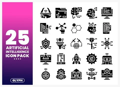A collection of artificial intelligence glyph icons set on a white backgrou.. Illustration