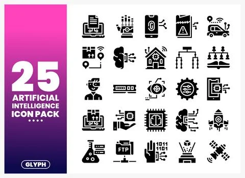 Collection of Artificial Intelligence glyph icons presented on a white back.. Stock Illustration