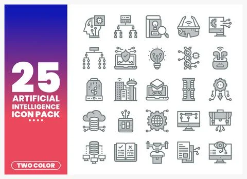 Collection of Artificial Intelligence icons in two colors on a white backgr.. Stock Illustration