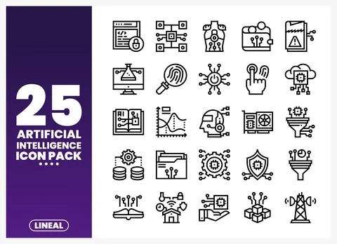Collection of Artificial Intelligence line icons for digital marketing. Stock Illustration