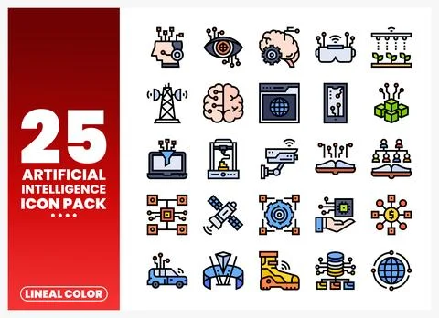 Collection of artificial intelligence lineal color icons on a white backgroun Stock Illustration