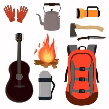 Collection of assembled sets for camping backpack guitar guitar ax flashlight Stock Illustration
