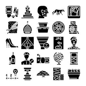 Collection of assorted black and white glyph icons Illustrazione stock