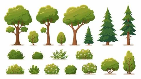 Collection of assorted forest trees and garden shrubs icons with evergreen Stock Illustration