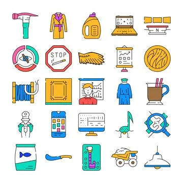 Collection of assorted icons illustrating various concepts and objects 库存插图