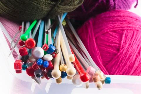 Collection of assorted knitting needles Stock Photos