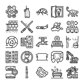 Collection of assorted line icons representing various objects Stock Illustration