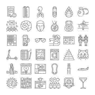 Collection of assorted line icons representing various concepts Stock Illustration