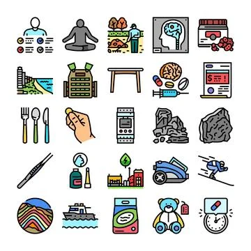 Collection of assorted line icons representing various human activities Stock Illustration