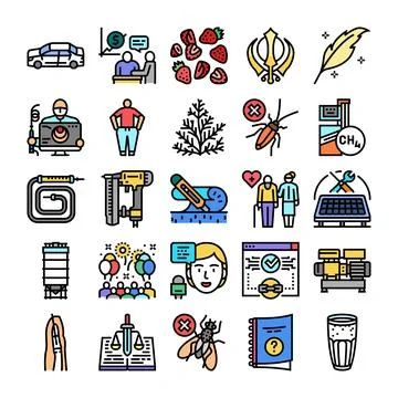 Collection of assorted outline icons representing various concepts Stock Illustration