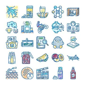 Collection of assorted scribble icons representing diverse concepts Stock Illustration