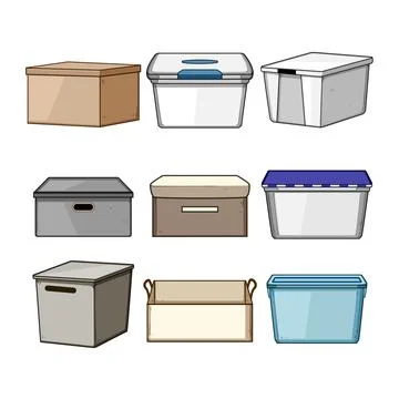 Collection of assorted storage boxes for organizing and packing Stock Illustration