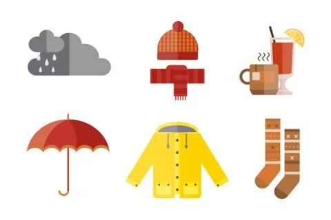 Collection of autumn clothes set items the fall rain clouds cold weather red 스톡 일러스트