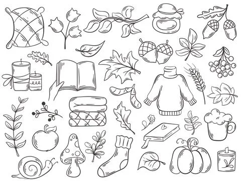 Collection of autumn elements and attributes in doodle sketch style Stock Illustration