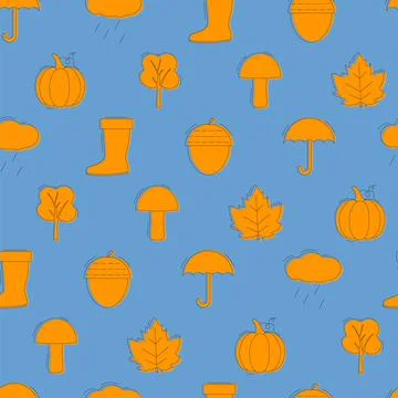 Collection of autumn objects seamless pattern. Flat vector illustration Illustrazione stock