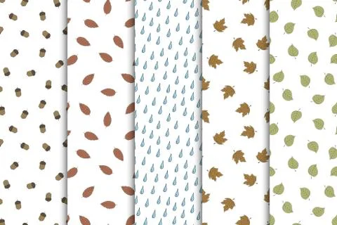 Collection of autumn seamless patterns with falling leaves, drops. Hand drawn Ilustração Stock