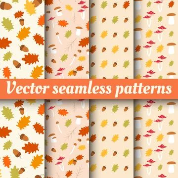 A collection of autumn seamless patterns with leaves and acorns. Stock Illustration