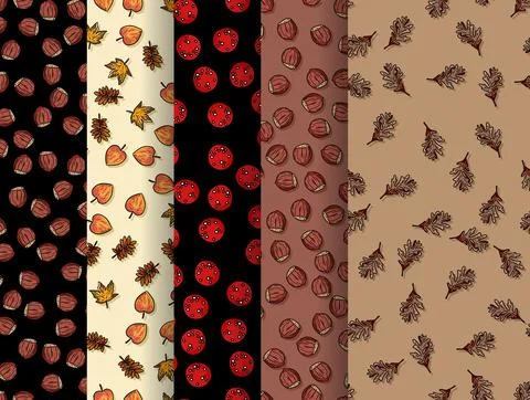 Collection of autumn seamless patterns. Set of leaves and fall elements decor 库存插图