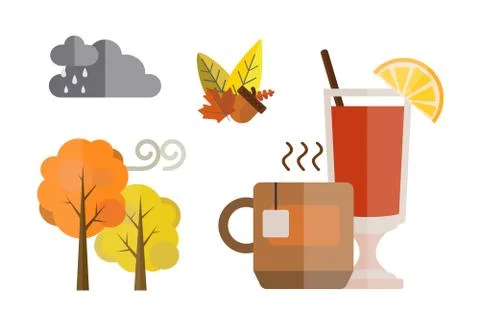 Collection of autumn set items the fall acorn leaves tree rain clouds cold 스톡 일러스트