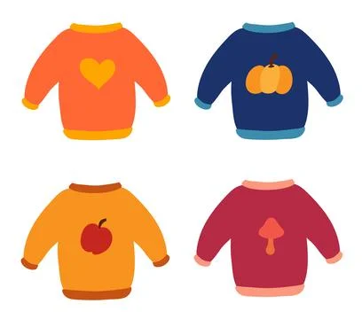 Collection of autumn sweaters with different designs. Cozy fall. Stock Illustration