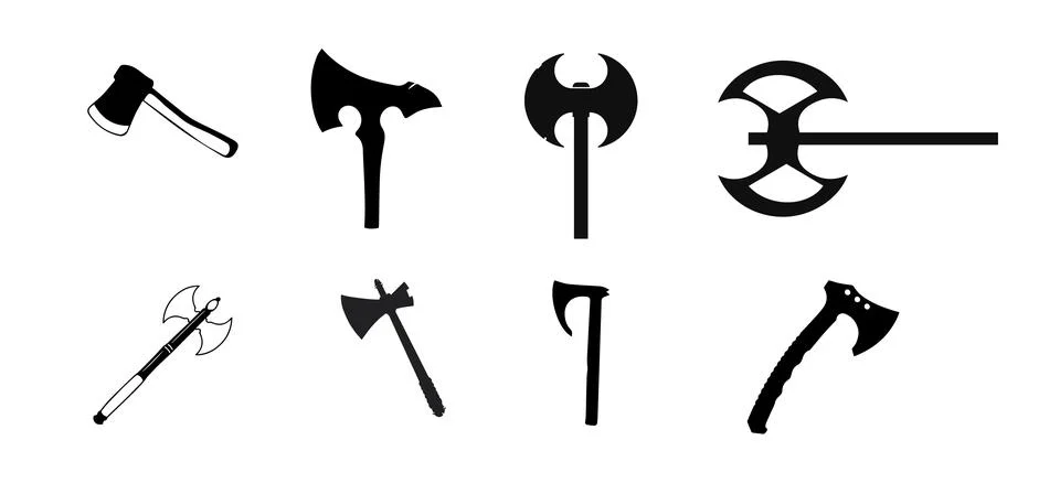 Collection of axe designs featuring eight different styles in various modes.. Stock Illustration