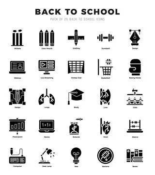 Collection of Back To School 25 Glyph Icons Pack. Stock Illustration